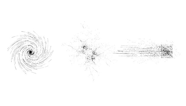 Three cosmic scientific concepts depicting spiral galaxy, particle explosion, and linear stream in black and white.