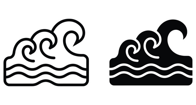 Ocean wave icon set with outline and solid silhouette styles representing sea water surf tide splash and marine nature elements