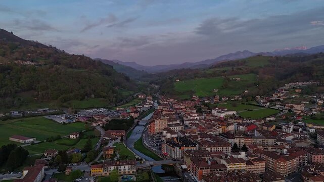 Cangas de Onis Hyperlapse Asturias Spain Aerial Time-Lapse Mountain Village River Valley