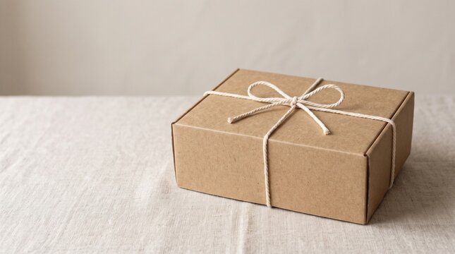 Cardboard Gift Box Tied with Twine on Textured Surface