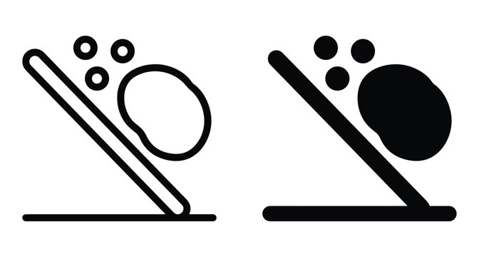 Landslide warning icon showing boulder rolling down steep slope with falling rocks in outline and solid black vector graphic style