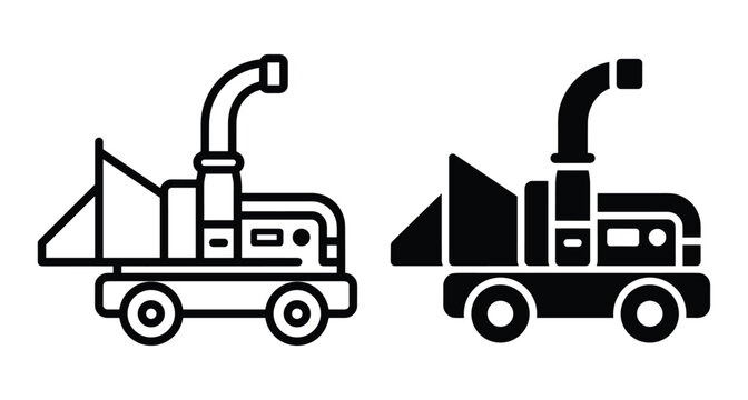 Wood chipper machine icon set for forestry gardening landscaping industrial equipment maintenance tree removal service brush mulcher shredder tool vector