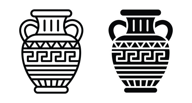 Ancient Greek amphora vase icon set with traditional meander pattern and geometric ornaments in outline and solid black silhouette styles