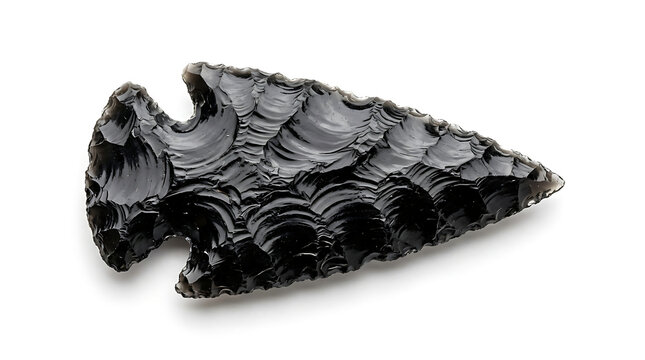 Handcrafted Black Obsidian Arrowhead Weapon Isolated on a Plain White Background