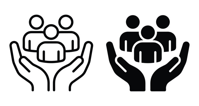 Hands holding group of people icon set representing community care protection social support insurance human resources teamwork and family welfare