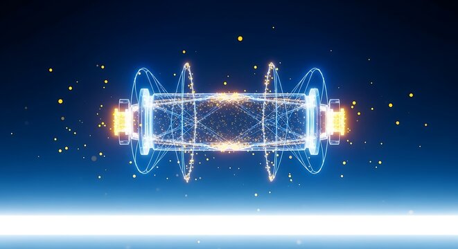 Glowing blue and yellow neon light technology in space with stars and a bright line