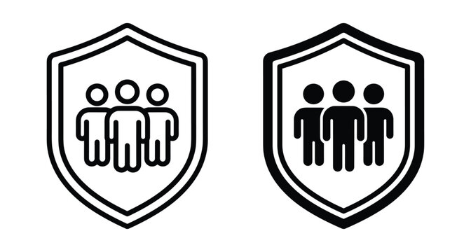 Shield icons with group of people inside representing team protection security insurance safety community defense and collective privacy for business