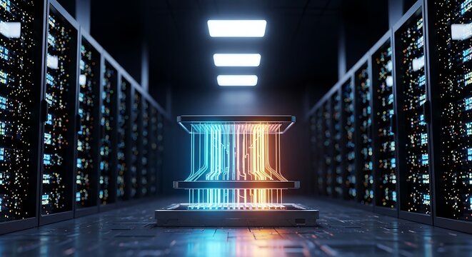 Glowing server tower in data center aisle  illuminated computer hardware