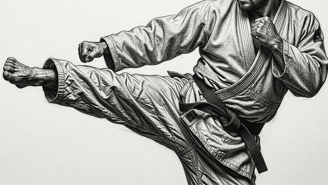 karate kicker in traditional gi performing a high side kick illustration