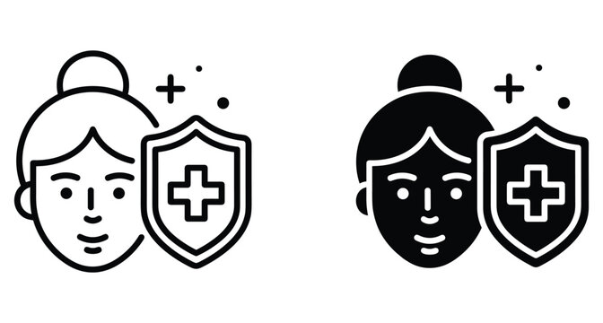 Woman face with medical shield icon representing skin protection healthcare safety dermatology treatment immune system support and beauty care wellness