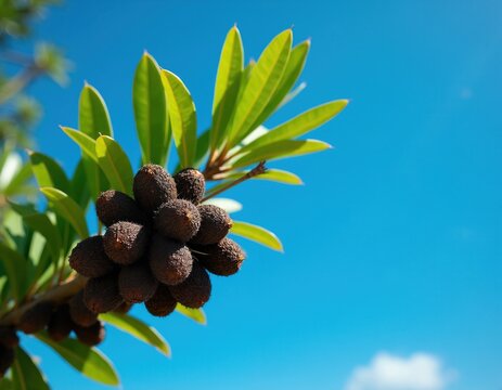 Kukui nuts cluster hangs from tree branch with green leaves against vibrant blue sky. Tropical Hawaii flora detail, natural outdoor scene, bright sunny day.
