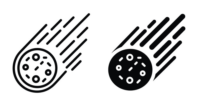 Meteor asteroid comet icon set with motion trails representing space rock falling through atmosphere in flat outline and solid style