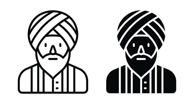 Sikh man avatar icon set featuring traditional turban and beard in outline and solid black styles for cultural representation and identity