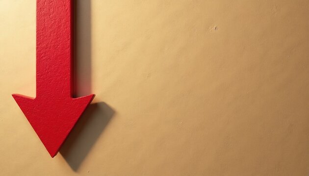 Red arrow points down on textured tan background symbolizing business decline. Use for financial loss economic crisis or negative market trends.