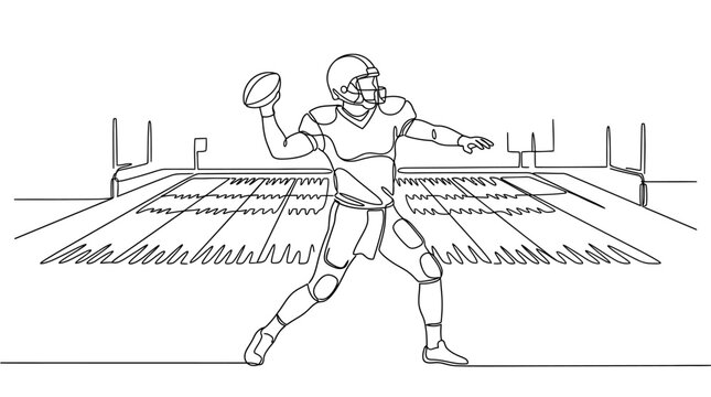 Continuous line drawing of an American football quarterback throwing a ball on a stadium field with goalposts, minimalist black and white vector illustration on white background.