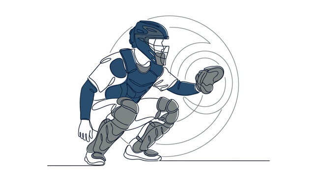 Minimalist line art vector illustration of a professional baseball catcher in full protective gear crouching, featuring blue and grey color accents on a clean white background.