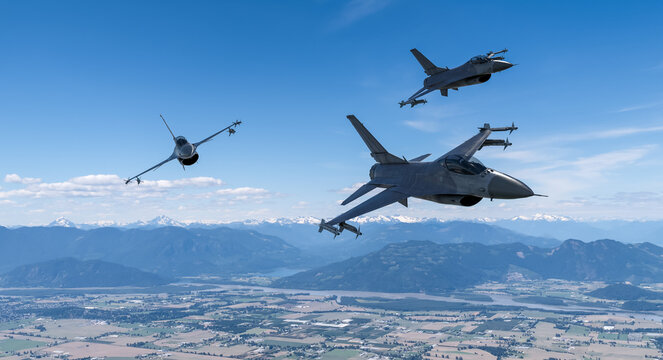 Three Fighter Jets Flying in Formation Over Mountain Valley &mdash; Military Jet Air Patrol