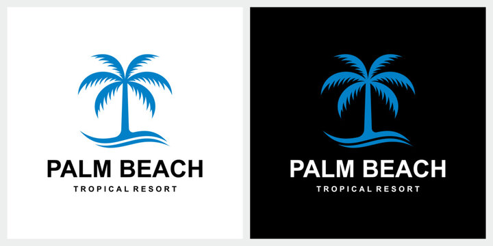 Palm coconut tree with Ocean sea saves for Tropical beach shore coast logo design vector template