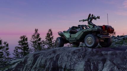 Armored Off-Road Military Buggy With Mounted Gun On Rocky Outcrop At Sunset — 3D Rendering © edb3_16