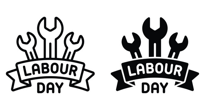 Labour day logo design with wrenches and ribbon banner in outline and solid black silhouette styles for international workers holiday