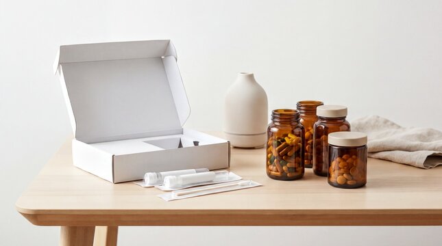 wellness testing kit, a sleek dna health test kit accompanied by fall immunity vitamins on a clean surface
