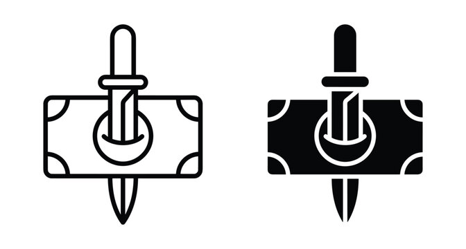 Dagger stabbing through money banknote icon representing financial crime corruption bribery economic crisis budget cuts and illegal business activities concept