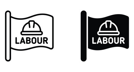 Fototapeta premium Labour day flag icon set featuring construction hard hat symbol and text for industrial worker rights and international holiday celebration