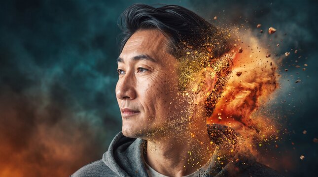 A portrait of a mature Asian man whose side of his face is disintegrating into golden fire and glowing particles against a dramatic, moody dark smoke background.