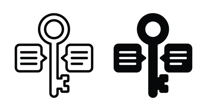 Keyword research icon set showing a key with speech bubbles representing search engine optimization data analysis and secure communication concepts