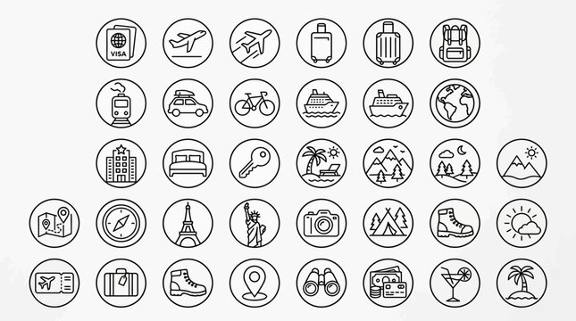 A collection of travel icons depicting various modes of transportation, destinations, and activities.