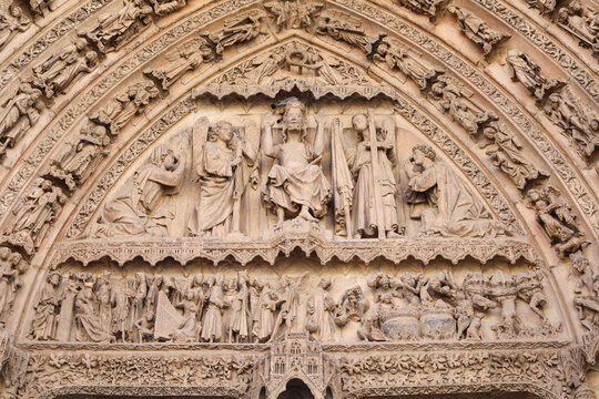 Architectural details of the Central portico of The Cathedral of Leon (Saint Mary of Regla) in Leon city, Spain