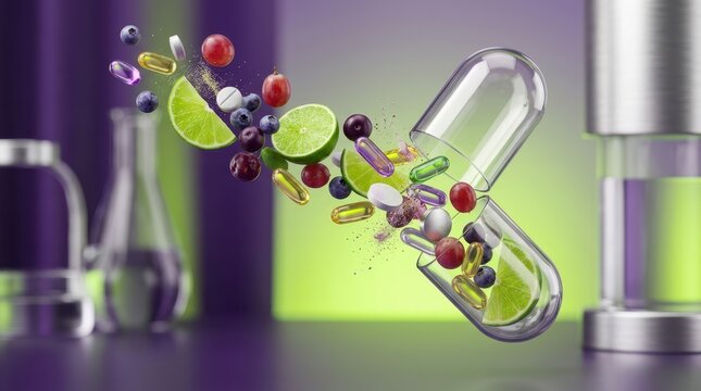 Explosion of vitamins and fruits spilling from a transparent capsule in a lab setting