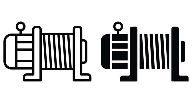 Electric winch icon set for off road vehicle recovery towing equipment and industrial lifting machinery cable drum tool vector illustration