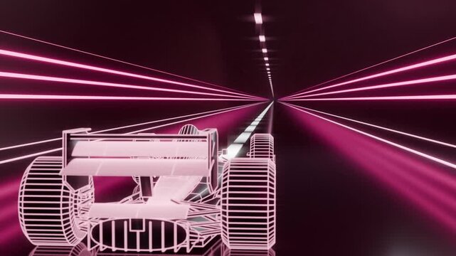 Driving wireframe racecar gliding past dashed stripe in neon tunnel as camera dollying, copy space