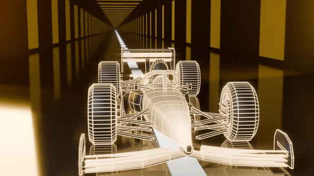 Moving wireframe open-wheel car along lit center stripe in tunnel, camera orbiting showing wheels
