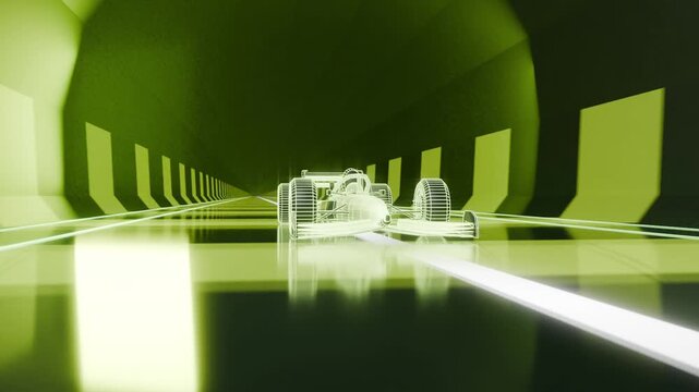 Camera tracking, wireframe car approaching camera in neon tunnel, revealing white light and detail