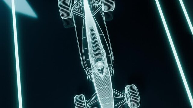 Signal starting cyan wireframe helmeted racer moving along neon lanes past left arrow for guidance