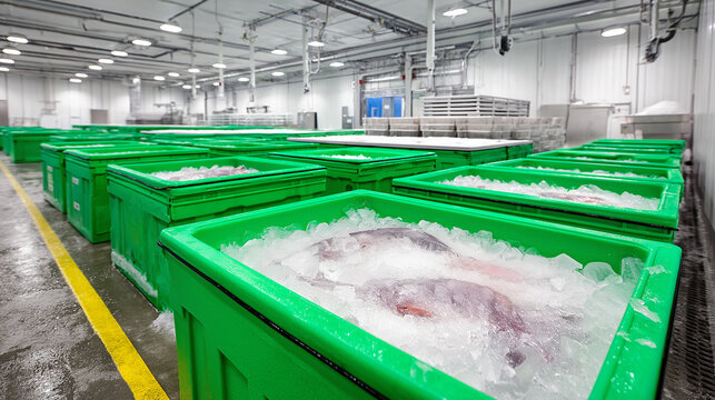 Fresh fish stored in ice inside plastic containers at a plant, Industrial fish processing facility with raw fish on ice in green storage crates, generative ai