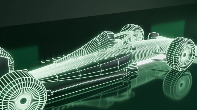 Tracking camera revealing open-wheel wireframe car in dark studio, glossy floor showcasing cockpit