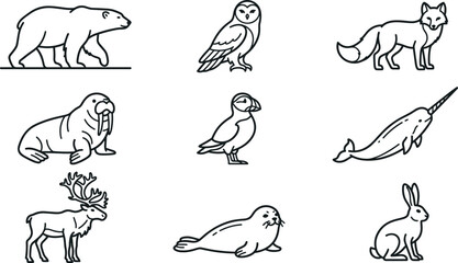 Arctic Wildlife Outline Icon Set with Polar Bear, Snowy Owl, Arctic Fox, Walrus, Puffin, Narwhal, Moose, Seal, and Hare Collection © MstSuborna
