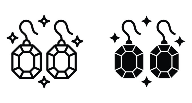 Gemstone earrings icon set featuring octagonal diamond crystals with sparkles in outline and solid black silhouette styles for fashion design