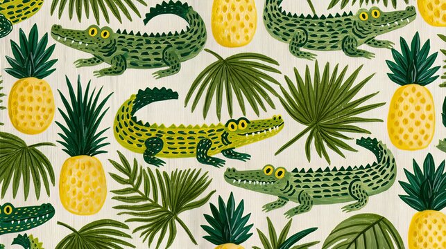 Crocodiles, pineapples, and palm leaves make a repeating design. This print feels like a sunny, faraway place.