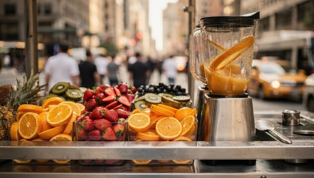 Vibrant fresh juice blending at a mobile downtown stand sharp fruit and blender detail sharp against softly hazy urban background with walking crowd.