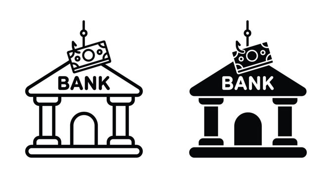 Bank phishing icon set representing financial fraud cyber crime money bait on hook stealing from banking institution security breach concept
