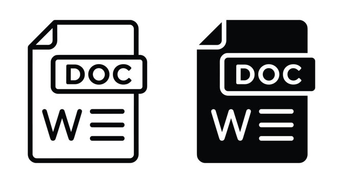 DOC file format icon set featuring document outline and solid glyph styles for word processing software applications and digital storage