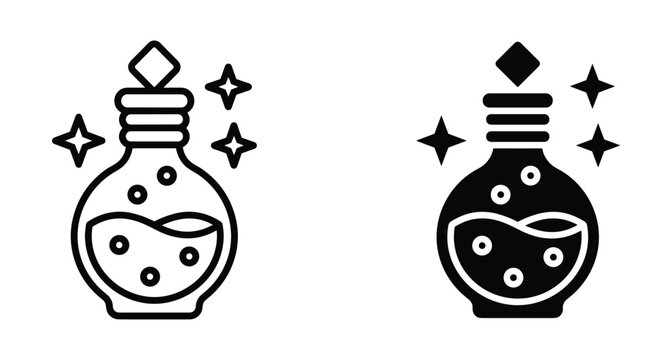 Magic potion bottle icon set featuring glass flask with bubbling liquid and sparkling stars for fantasy games and web design