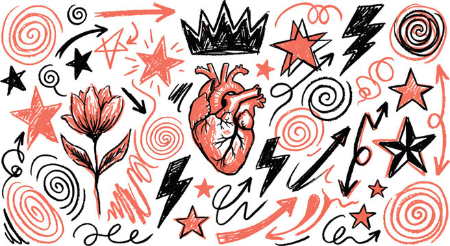 Hand drawn doodle set with heart anatomy flower stars arrows and scribbles scribble handdrawn collection creative illustration lightning isolated background decorative ornament