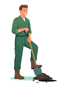 Smiling man in green work uniform digging a hole with a shovel. Flat vector illustration of gardening, volunteering, or agricultural labor concept isolated on white.