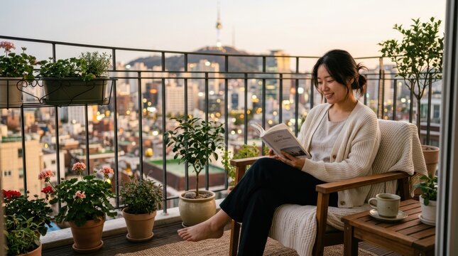 Young woman enjoys reading a book on a balcony with a city view at sunset