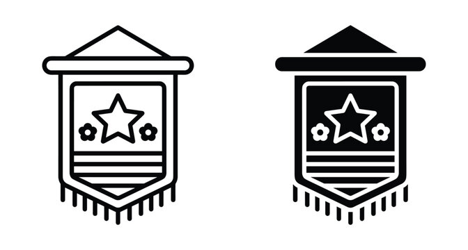 Pennant banner icon set featuring star stripes and fringe details in outline and solid black styles for sports military awards